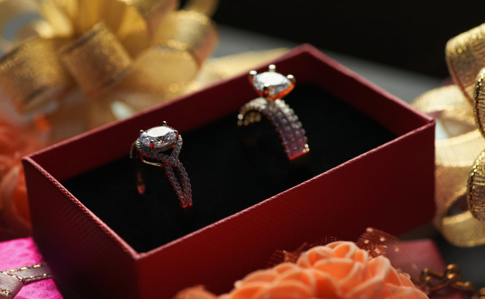 Lab grown diamond rings displayed for comparison